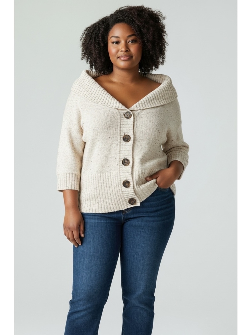 Cato Women's XL Off-Shoulder Button-Up Beige Sweater Cardigan